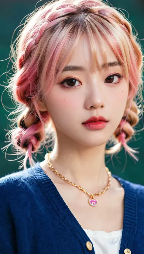 (((日本Animation片))), ((Animation)), (gal), Medium Length Hair, (Braided hair:1.3), (Bangs:1.2),Two-tone hair, Blonde Hair, (Pink Hair), Round Face, Red Eyes, (Drooping eyes), (((we say))),Pink lips,punching,necklace,[dark skin], A faint smile, ((((Lovely)))...