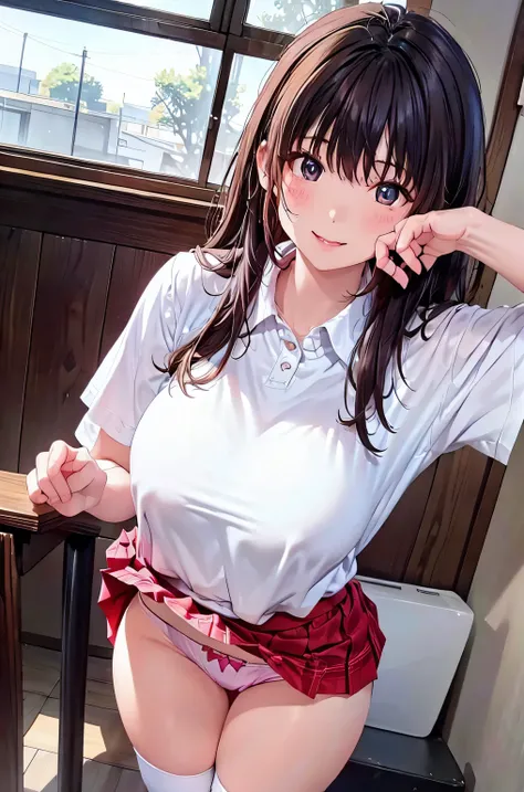 Very cute and beautiful girl、(Very detailedな美しい顔と目: 1.2)、(smile)、blush、Cowboy Shot、(White blouse with fine frills)、Short Sleeve BREAK Standing、(Skirt lifted、White panties: 1.5)、Dynamic Angle、Hair Ribbon、Black Hair、(Scarlet Check Mini Skirt)、White knee sock...