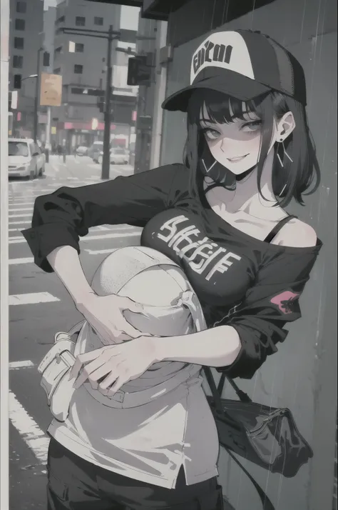 ultra resolution,
(photorealistic:1.3),
(1 slim girl), stylish girl, fashion,
young face, blush, (evil smile),
(slim) thigh,
baseball cap, earrings,
(black T-shirt), (baggy cargo pants),
gravure,
rainy city street