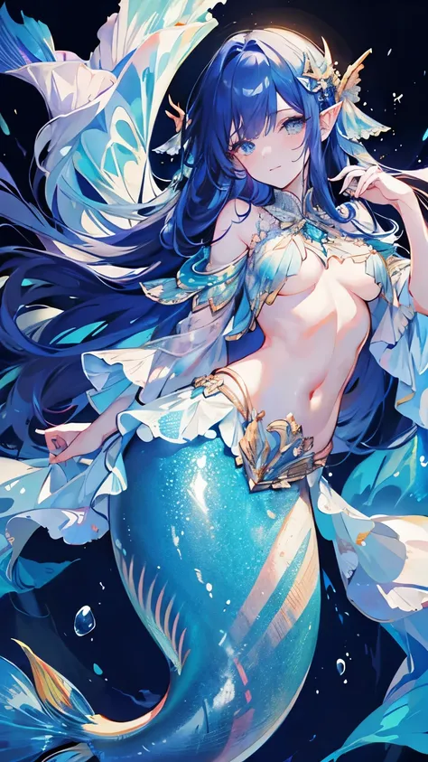 ((Best quality, 8k, Masterpiece: 1.3)), Slim abdomen, dark blue hair, hair behind ear, long hair, big hair, wet hair, star hair ornament, upturned eyes, pointy ears, light smile, ((mermaid)), sitting on the reef, beautiful face, best quality, shiny skin, d...