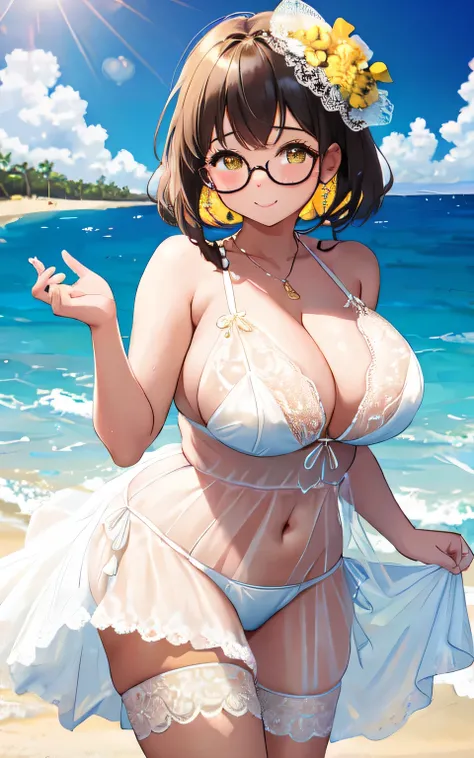 A 6-year-old girl with big breasts, plump figure, round, dressed in a baby yellow wedding dress, lace bikini, bikini with lace cutouts, on the beach, glasses and wearing a thin tulle