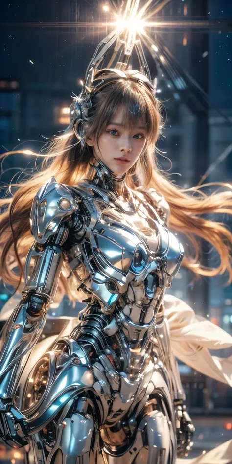 (best quality:1.2), 8k, highres, octan render, (masterpiece), extremely ultra detail, cyborgized Japanese woman, extremely ultra cute face, , skinny body, flat chest,  (blue metallic mechanical frame:1.5), (Power cables connected throughout the body), deta...