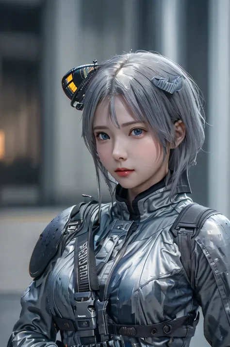 (RAW quality:1.4), 3D, Realistic, highest quality:1.3, High resolution, 1 female, 16 years old, alone, sexy, Hip Up, Beautiful Blue Eyes, (Realistic Face), (boyish, Silver color very short hair), Tight light grey military bodysuit, Assault rifle, jewelry, ...