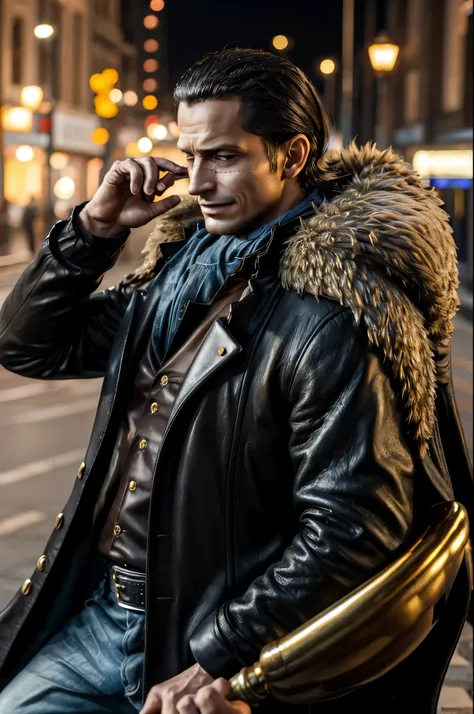 masterpiece, best quality, extremely detailed, hyperrealistic, photorealistic, a cool 40s man, ultra detailed face:1.2, fur-trimmed coat, scarf around the neck, his left hand is a golden pirate hook, cigar, in the night, city, bridge, sly smile, dynamic po...