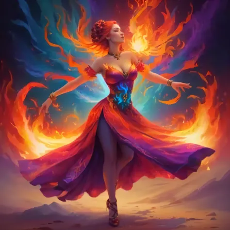 painting of a woman in a dress with a fireball in her hand, goddess of fire, Goddess of Fire, enveloped in flames, appears as the Goddess of Fire, holy Fire spell art, the butterfly goddess of fire, flames surround her, Queen of Fire, fiery aura, the Godde...