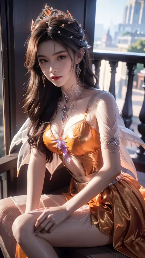 8K, UHD, MAsterpiece, best quality, 1 girl, ((realistic face)), happy pace, very long hair, small breasts, perfect waist, decorated dress, very beautiful ornaments dress, ((orange color)), ((lace)), mesh dress, mesh cape flowing, sardine, loops, navel, ((o...