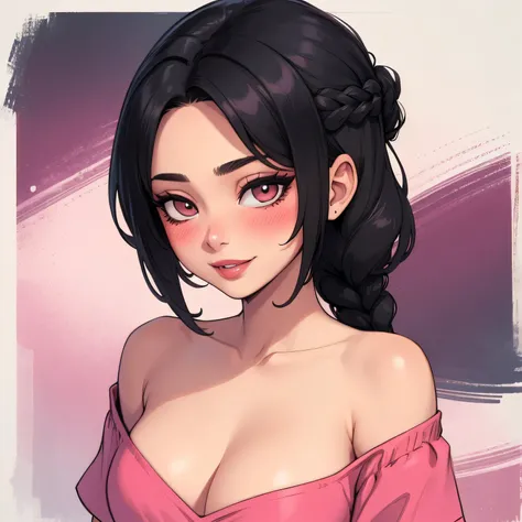 (best quality,highres),sexy,cute woman,black hair braided,soft,seductive eyes,blushing,parted pink lips,seductive smile,long neck,collarbone,medium chest,cleavage emphasised,off shoulder t-shirt,bare shoulders,portraits