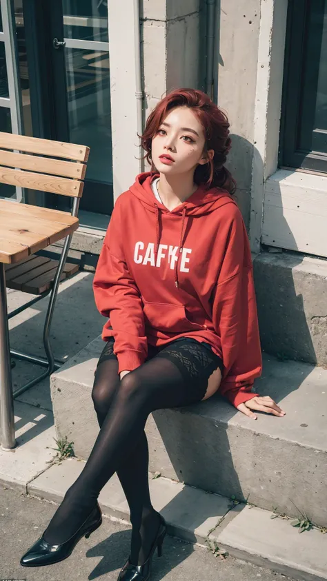 1 girl, Red hair, Coiled hairstyle, There are a few strands of hair on the face, Red Eyes, mascara, Oversized Hoodie, diaphragm, Hot Pants, tights, laced tights, Eye bags, sit, cafes, ground angle shot, The audience looks up, feet in tights,  saggy , Shock...