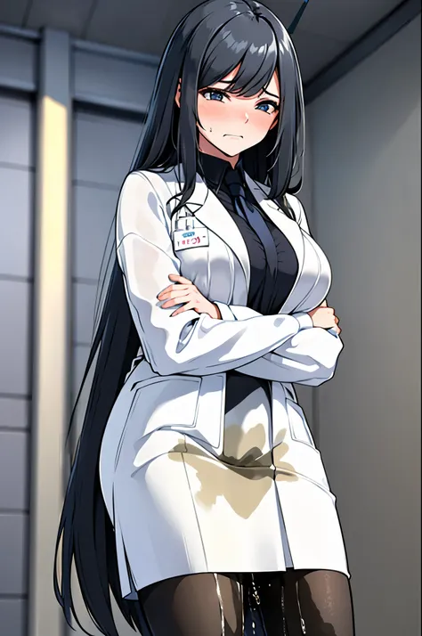 a woman with very long black hair, (very long hair:1.25) and (long bangs:1.5), wearing a stylish lab coat and a long pencil skir...