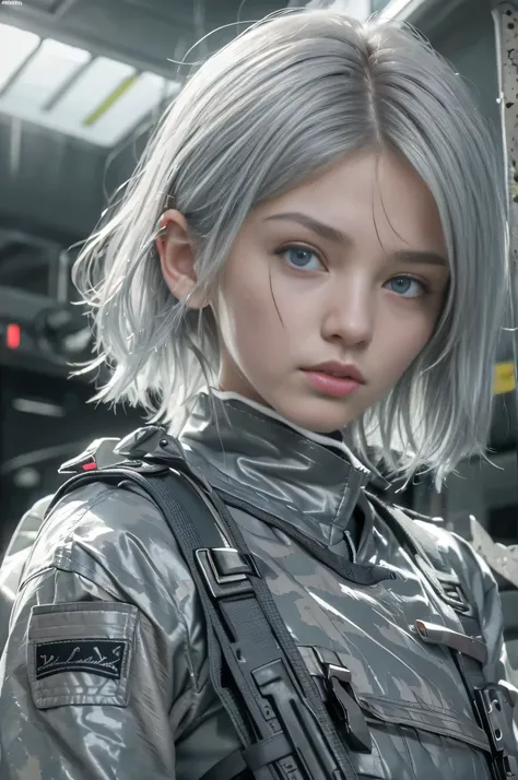 (RAW quality:1.4), Realistic, highest quality:1.3, High resolution, 1 female, 16 years old, alone, sexy, Hip Up, Beautiful Blue Eyes, (Realistic Face), (boyish, Silver color very short hair), Tight light grey military bodysuit, Assault rifle, jewelry, Port...