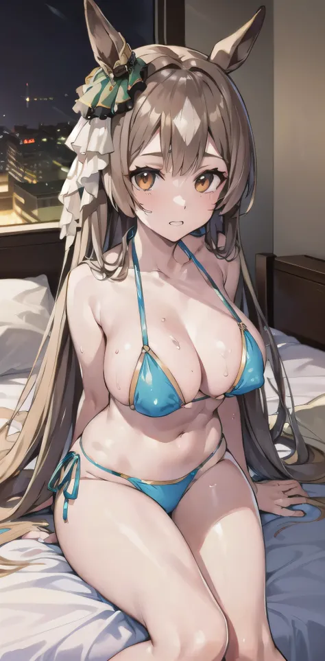 masterpiece, highest quality, close, Face shot,  (Umamusume),((Light blue metallic ultra micro bikini))、Mansuji、See-through nipples、Sweat、sit、Leg spread、(Grown body、Large Breasts)、onthe bed、Lewd face、Facing forward