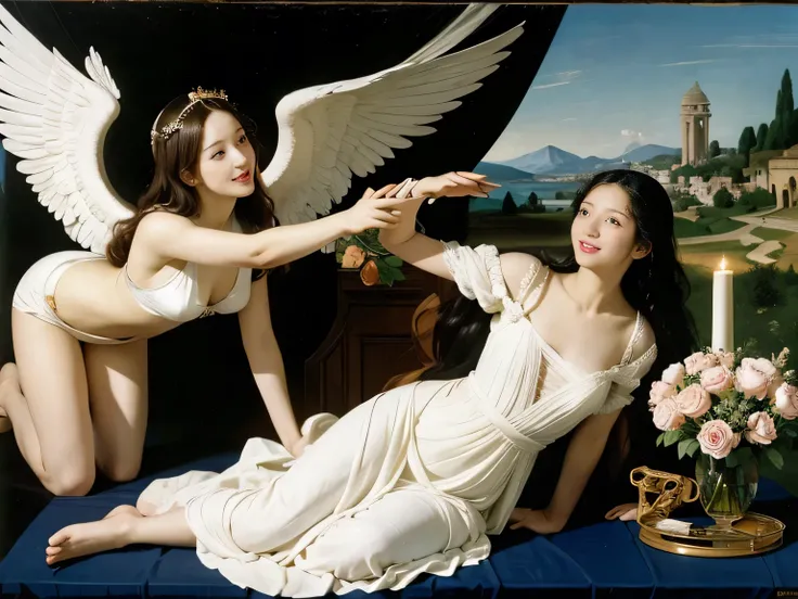 White winged female angel.full body portrait or statue、Sandro Botticelli painting style,Arguments of two female Philosophe,math、astronomical machine、astronaut、roses in vase、fruits、Cute trinkets、smile、ancient greek costume、Ancient Roman landscape in the sty...