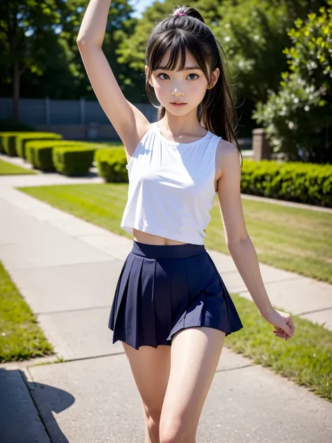 (masterpiece, highest quality:1.4), Award-winning portraits, 8k, 85mm, alone, Beautiful Face, Delicate girl,  (Cheerleader、On the grass), Sophisticated, cute, 15 years old, RAW Photos, Confused, High resolution, Sharp focus, Background blur、(((Flat  、thin ...
