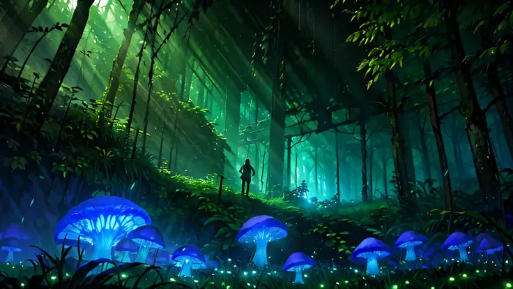 Deep within an ancient forest, where the canopy above filters sunlight into emerald beams, lies a forgotten temple. Overgrown with thick, entwined vines and illuminated by clusters of bioluminescent mushrooms, the scene is a testament to nature reclaiming ...