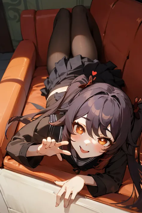 Hu_tao(genshin_impact) , serafuku,  beautiful, high quality, from above, laying down on couch, indoors, lying down, 1 girl, solo, cute, masterpiece, messy hair, long hair, hearts, twintails, skirt, pantyhose, tounge out, handjob_gesture 