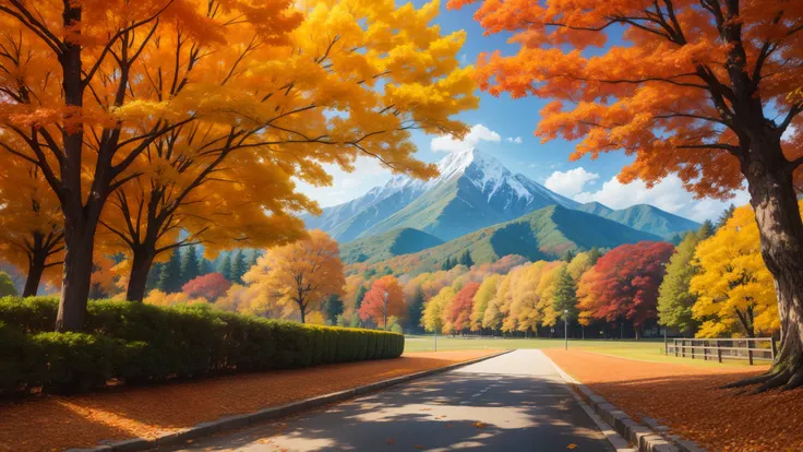 Autumn scenery、Autumn leaves are lush、Mountain全体を彩る様子が描かれている。Red or orange、Yellow leaves on a tree々Decorate、The beautiful gradation signals the deepening of autumn.。Sunlight filtering through the leaves、The way they draw patterns on the ground、It&#39;s lik...