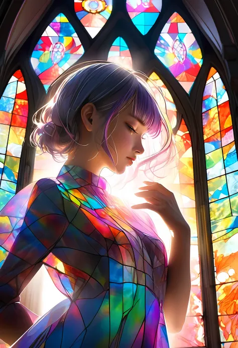 raw photo:1.2, masterpiece, highest quality, 16k, unbelievably absurd, very detailed, perfect beauty, break, double exposure (Church altar, sunlight shining through the stained glass), break, (beautiful cute girl silhouette:1.2, in a beautiful pose, modern...