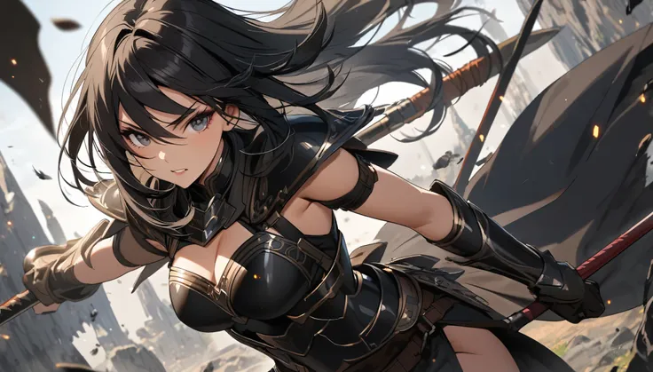 A beautiful female warrior with long black hair and wearing black armor.