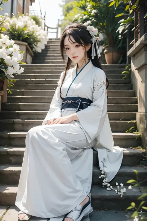 (masterpiece), (best quality), raw photo, girl, hanfu, white hanfu, simple hanfu, stand, white flowers background, stair, outdoo...