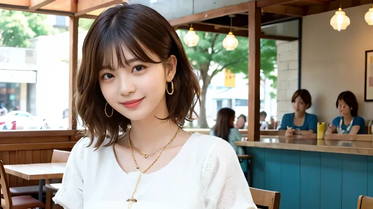 super high quality, Short Hair, Slender, Gravure photoshoot, The staff is working at the counter in the back., (8k、RAW Photos、highest quality、masterpiece:1.2), Japanese Idol, Shaggy, Stylish café, The cafe is crowded with people enjoying themselves., (Real...