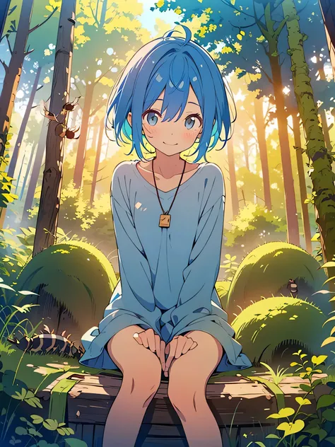 NSFW:1.4,masterpiece, best quality,(((color trace))),looking at viewer,((short stature)),(((dark forest))),Lots of insects,
1girl, solo, open eyes,smile,((((blue hair)))),green eyes,grim eyes, pigtail, blush, shortcut hair,necklace,dark forest background, ...