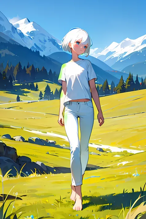 1girl, short hair, white hair, shirt, short sleeve, skinny pants, bare feet, standing, outdoor, grass, [[nature]], [mountains]
