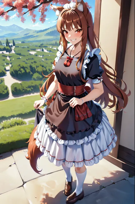 masterpiece, best quality, highres, 1girl, long hair, brown hair, animal ears, red eyes, (wolf tail), (maid, sexy maid uniform), necklace, sash, pouch, smile, grin, ((future sci-fi landscape)), holding in hands, standing