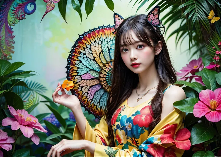 (masterpiece, highest quality, highest quality, Official Art, beautifully、aesthetic:1.2), (1 girl), Very detailed,(Fractal Art:1.3),Colorful Aloha、Most detailed, Background with fractals and details of assorted flowers and tropical butterflies、