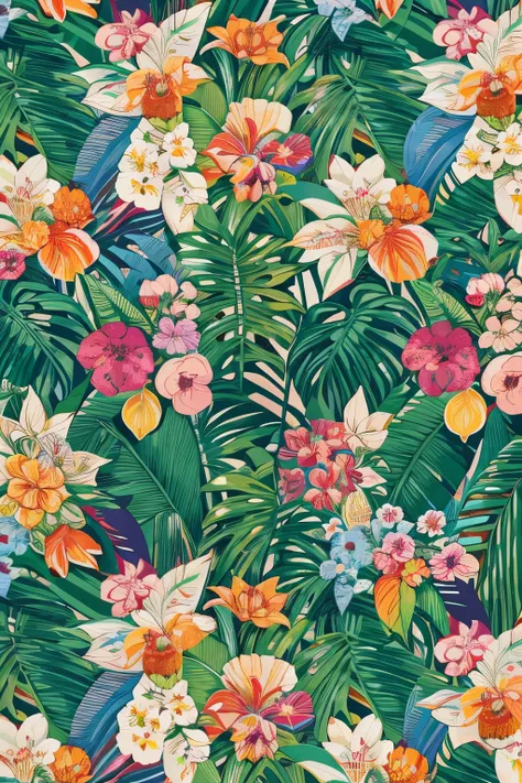 "Experience the vibrant energy of a tropical paradise with a seamless row of multi-colored rolled graphics, each one bursting with intricate floral patterns."