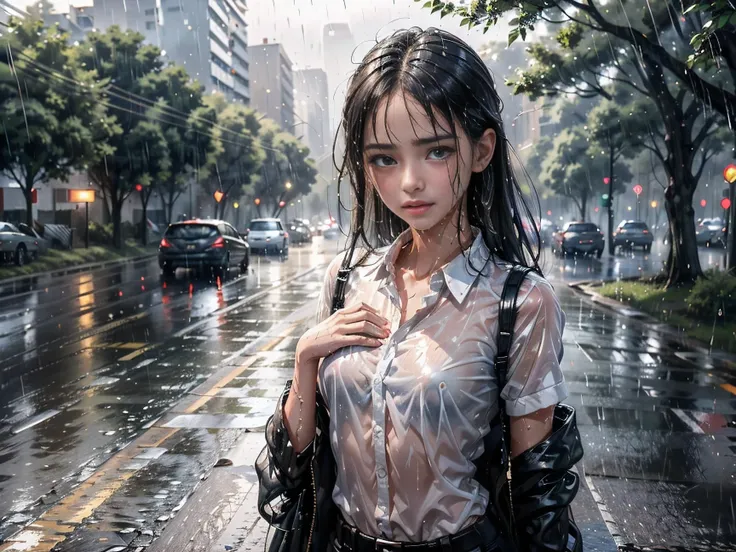 a beautiful girl crying in the countryside road, rainy, trees around the road, standing, wet shirt, long hair, black hair, ((small breasts))