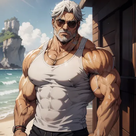 A handsome rich man at the beach, muito lascivo, imponente, Vista lateral, below pov, corpo inteiro, 50 years old, grey short hair , thick grey beard, dark oliva skin color, peitorais largos, peitorais enornes, hair chest, pose sensual, rindo do espectador...