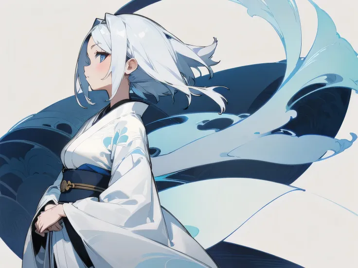 Blank background、White background、Profile of a busty woman wearing a white Japanese kimono with silver-white hair and blue inner color、Only looking at the camera、looking at viewer、thick outline、breast enhancement、Art Nouveau、Flat Design、