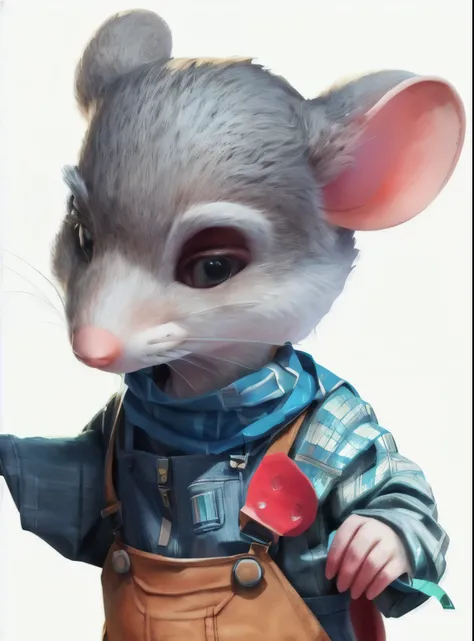 There is a mouse wearing overalls and a scarf, Anthropomorphic gangster mouse, an Anthropomorphic gangster mouse, Anthropomorphic mouse, Anthropomorphic mouse, an Anthropomorphic mouse, Mouse in clothes, cyberpunk mouse folk engineer, Portrait of a crazy m...