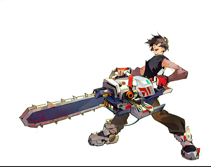 anime character with Electric saw and a sword in his hand, Electric saw sword, Kushat Kents, Electric saw, a boy,Handheld huge chainsaw，Logging，Lean back，Leather construction shoes，Leather gloves on both hands，Black tight vest on upper body， 2D Concept Art...