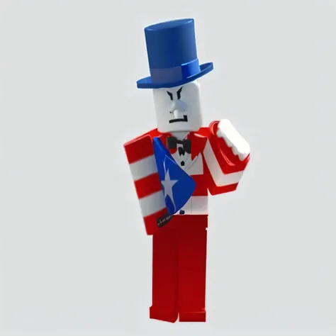 a close up of a roblox avatar with a top hat and a flag, roblox avatar, roblox, uncle sam, he is wearing a top hat, character with a hat, caracter with brown hat, roblox screenshot, lego character, walter white in roblox, lineless, suit vest and top hat an...