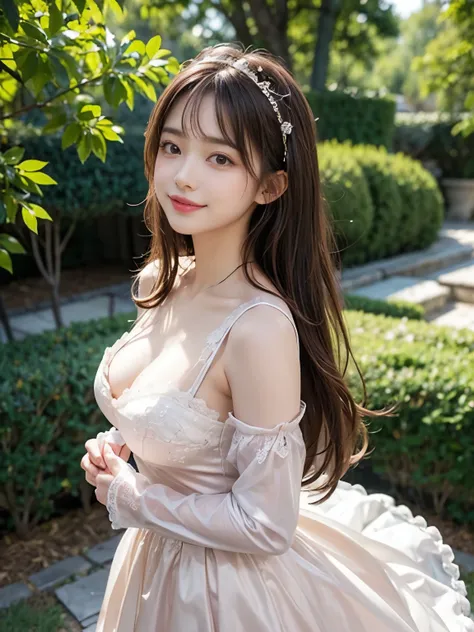 (Very delicate and beautiful:1.5),A girl in a European dream garden，Full Body、Cute Face，A light smile，See-through bangs、Brown Hairロングヘアー、 Gemstone Eyes, Backlight，Long Curly Hair, Lolita Dress, Brown Hair, View from the side, Lantern, Particles of light, L...