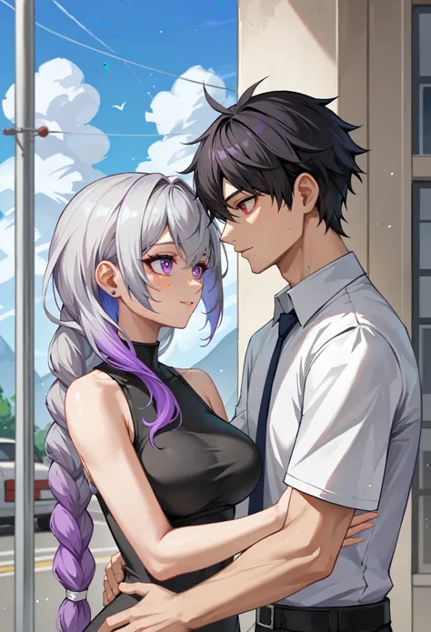 score_9,score_8_up,score_7_up,a picture of a couple,1girl and 1male,
yinji,1girl,purple_hair,purple_eyes,very_long_hair,grey_hair,braided_ponytail,gradient_hair, 1boy, short black hair, shirt,(Red pupils),upper body,cool,on the street