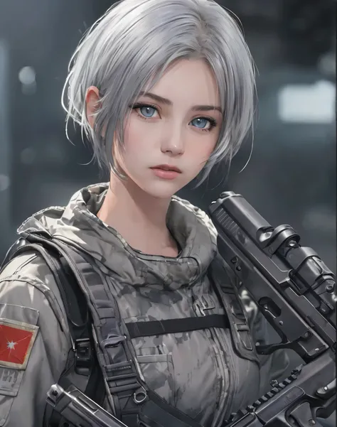 (RAW quality:1.4), Realistic, highest quality:1.3, High resolution, 1 female, 16 years old, alone, sexy, Hip Up, Beautiful Blue Eyes, (Realistic Face), (boyish, Silver color very short hair), Tight light grey military bodysuit, Assault rifle, jewelry, Port...