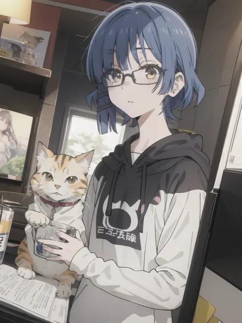 (masterpiece, best quality), 1girl, beautiful face,  cat hoodie,  glasses,white shirt, short over long sleeves,yamada ryo,hair ornament