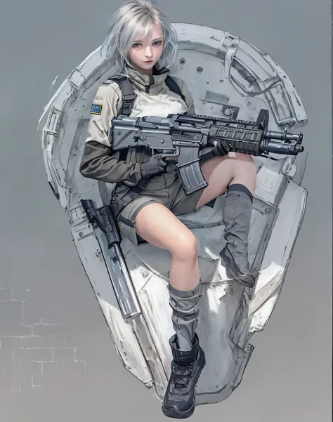 (RAW quality:1.4), Realistic, highest quality:1.3, High resolution, 1 female, 16 years old, alone, sexy, Hip Up, Beautiful Blue Eyes, (Realistic Face), (boyish, Silver color very short hair), Tight light grey military bodysuit, Assault rifle, jewelry, Port...