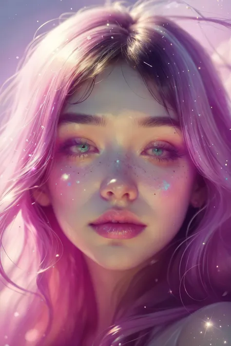 (This is a beautiful rainbow fantasy image that feels interesting and emphasizes glitter and iridescence.) Generate a ((blind)) curvy woman with colorful curly hair and milky white eyes. Her face is important and is perfectly formed with puffy lips and per...