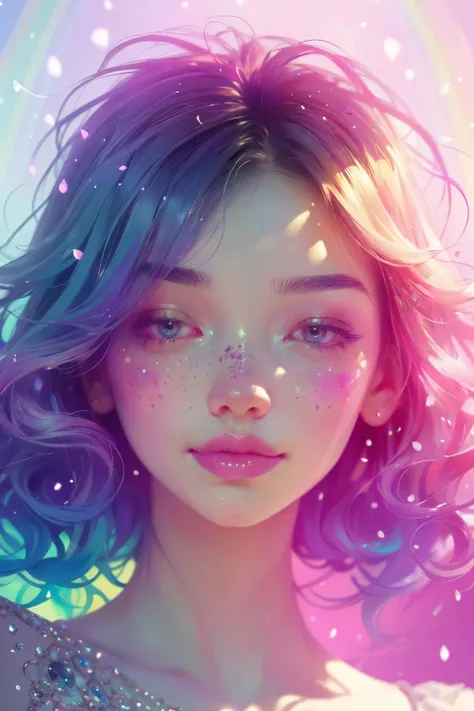 (This is a beautiful rainbow fantasy image that feels interesting and emphasizes glitter and iridescence.) Generate a ((blind)) curvy woman with colorful curly hair and milky white eyes. Her face is important and is perfectly formed with puffy lips and per...