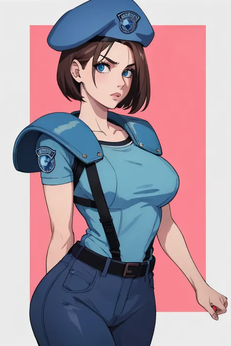 Jill Valentine, masterpiece, best quality, 1girl, solo, standing, jillre1, beret, uniform, shoulder pads, short sleeves, harness, belt, pants, unmoving pattern, peitos grandes, bunda grande, ela esta mostrando a lateral, pernas abertas, bunda grande, decot...