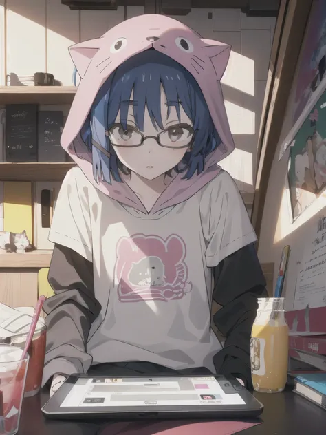 (masterpiece, best quality), 1girl, beautiful face,  cat hoodie,  glasses,white shirt, short over long sleeves,yamada ryo,hair o...