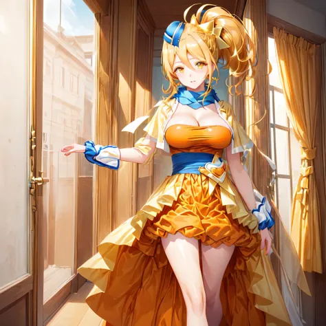 image of a female character with long blonde hair and an orange dress、solo、golden aura、permed ponytail、high ponytail、yellow eyed...