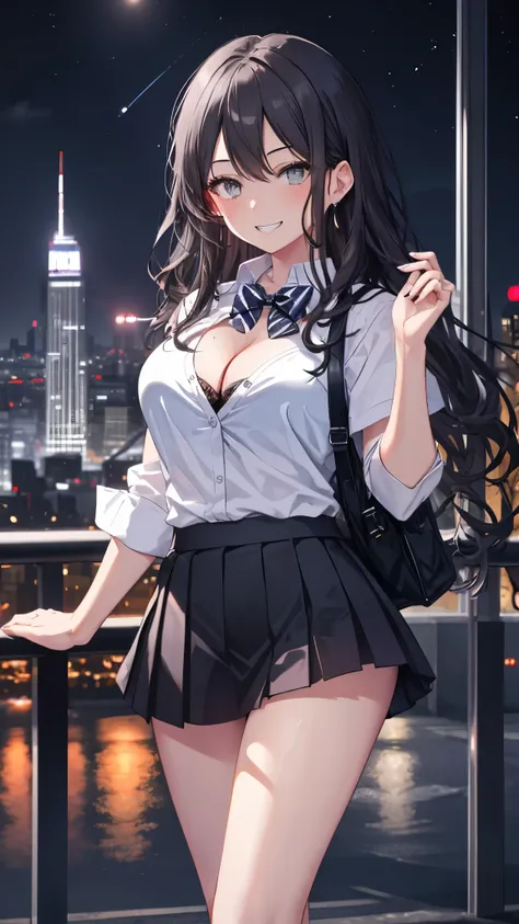 (8k、Best image quality、highest quality、masterpiece)、Detailed face、One girl、gyaru、Black Hair、Long Hair、Wavy Hair、Grey Eyes、evil smile、((Grin))、Large Breasts、((white shirt))、cleavage、A bow tie、Short sleeve、((miniskirt))、Cowboy Shot、((Night city background))
