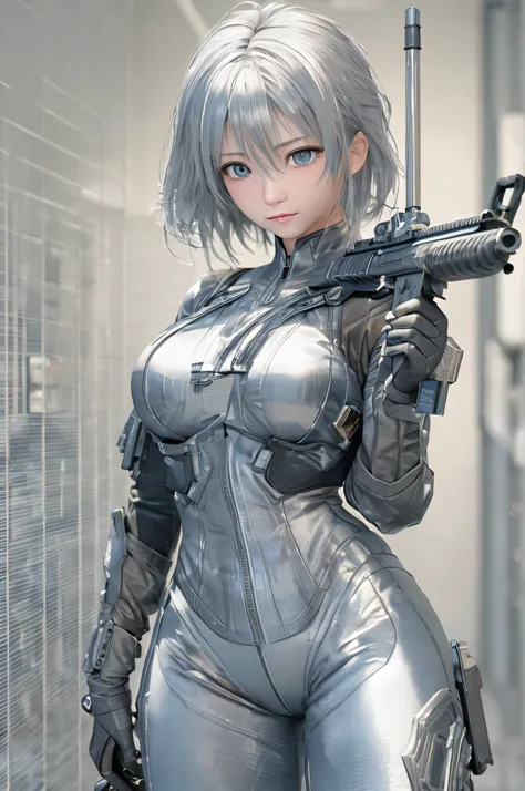 (RAW quality:1.4), 3D, Realistic, highest quality:1.3, High resolution, 1 female, 16 years old, alone, sexy, Big Breasts, Hip Up, Beautiful Blue Eyes, (Realistic Face), (boyish, Silver color very short hair), Tight light grey military bodysuit, Assault rif...