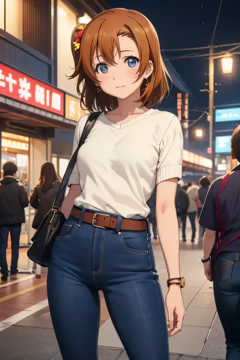 kousaka honoka, night, train station, tight jeans pants,sweater top,arms behind back, short hair, hair ornament, crotch lines, u...