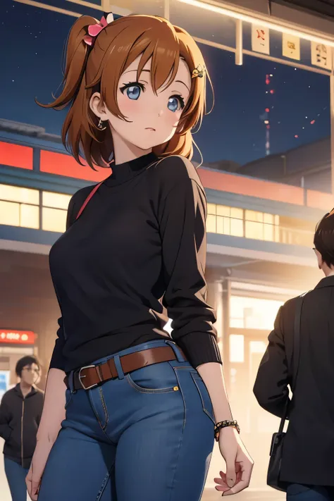 kousaka honoka, night, train station, tight jeans pants,sweater top,arms behind back, short hair, hair ornament, crotch lines, u...