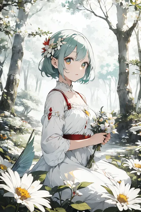 White shorthair, Red sparkling eyes, Flower Fairy, Transparent and colorful feathers, Magic wand，The background is a forest，Fresh flowers，Green tree々，Superior Quality，figure，8k，High resolution, White shorthair